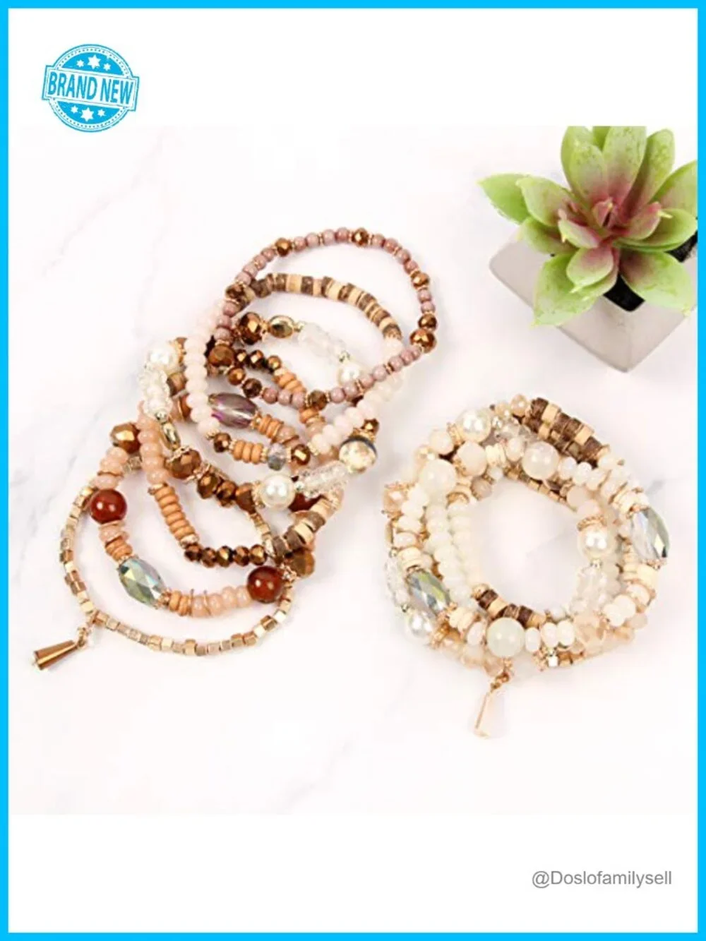 Stackable Beaded Stretch Bracelets - Crystal Mix Tassel Charm Multi Layer